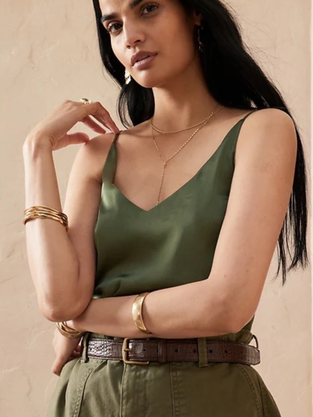 Banana Republic Factory Shirt - deep army green satin camisole